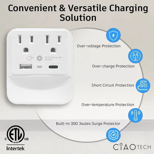 Alt view image 4 of 6 - 2 Outlet Extender with 1 USB-A & 1 USB-C with White Led Light - Multi Plug Outlet with 300 Joules Surge Protector - Multipurpose USB Outlet with 2.4A Fast Charging (White)