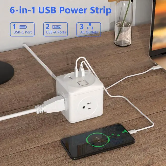 Alt view image 4 of 7 - Cube Power Strip with 2 USB & 1 USB-C, 3-Outlet Compact Travel Power Strip with 6 Ft Braided Cord & Individual Switches, 1250W Desk Power Cube for Home Office Hotel Cruise Essentials