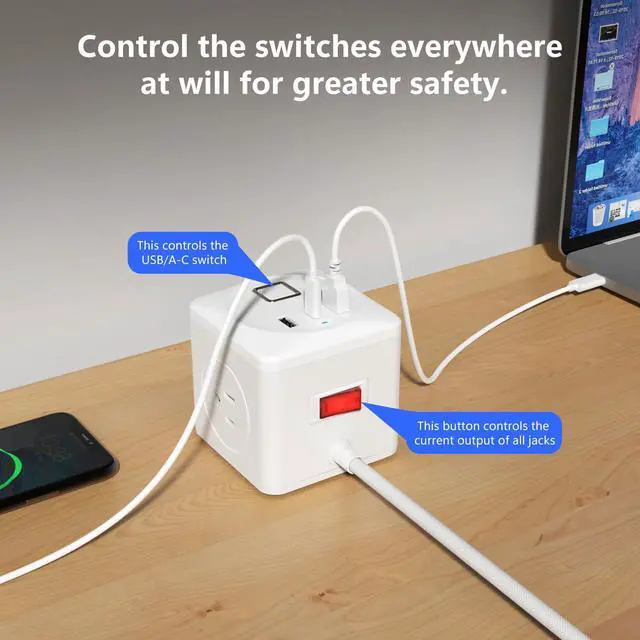Alt view image 6 of 7 - Cube Power Strip with 2 USB & 1 USB-C, 3-Outlet Compact Travel Power Strip with 6 Ft Braided Cord & Individual Switches, 1250W Desk Power Cube for Home Office Hotel Cruise Essentials