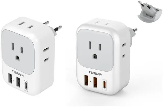 Main image of European Travel Plug Adapter with 4 AC 3 USB (1 USB C PD 20W), Foldable Plug Type C, for US to Most of EU (Spain, France, Italy, Germany, Portugal, Iceland)