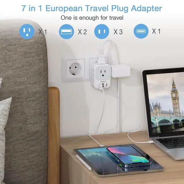Alt view image 3 of 7 - European Travel Plug Adapter with 4 AC 3 USB (1 USB C PD 20W), Foldable Plug Type C, for US to Most of EU (Spain, France, Italy, Germany, Portugal, Iceland)