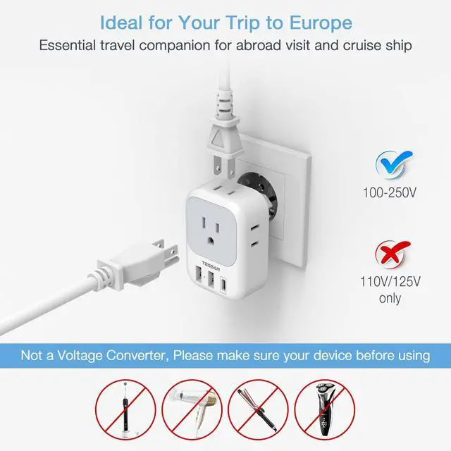 Alt view image 4 of 7 - European Travel Plug Adapter with 4 AC 3 USB (1 USB C PD 20W), Foldable Plug Type C, for US to Most of EU (Spain, France, Italy, Germany, Portugal, Iceland)