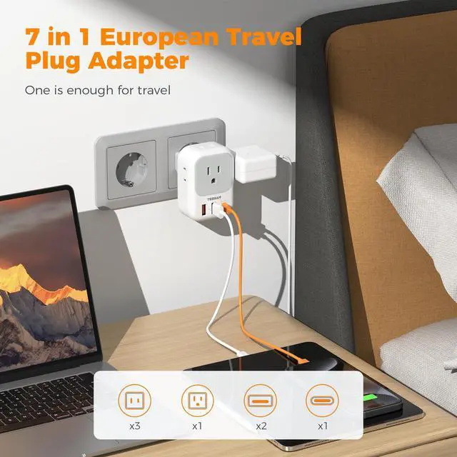 Alt view image 7 of 7 - European Travel Plug Adapter with 4 AC 3 USB (1 USB C PD 20W), Foldable Plug Type C, for US to Most of EU (Spain, France, Italy, Germany, Portugal, Iceland)