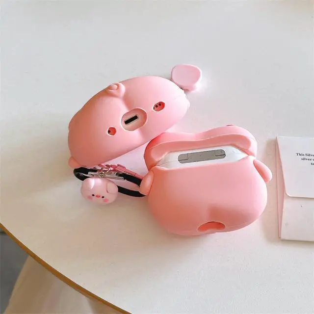 Alt view image 6 of 7 - Case Compatible with 2024 Airpods 4, 3D Cute Kawaii Pig Design Earbuds Cover, Pink Lying Piggy Portable Accessories Soft Silicone Wireless Earphone Shockproof Protector with Pendant