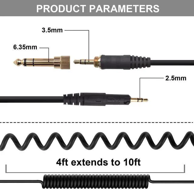 Alt view image 2 of 6 - ATH-M50x Replacement Cable, Audio Cable Compatible with Audio Technica ATH-M50xATH-M40xATH-M70xATH-M60x Coiled AUX Headphone Extension Cable with 6.35mm(1/4") Adapter(4ft extends to 10ft)