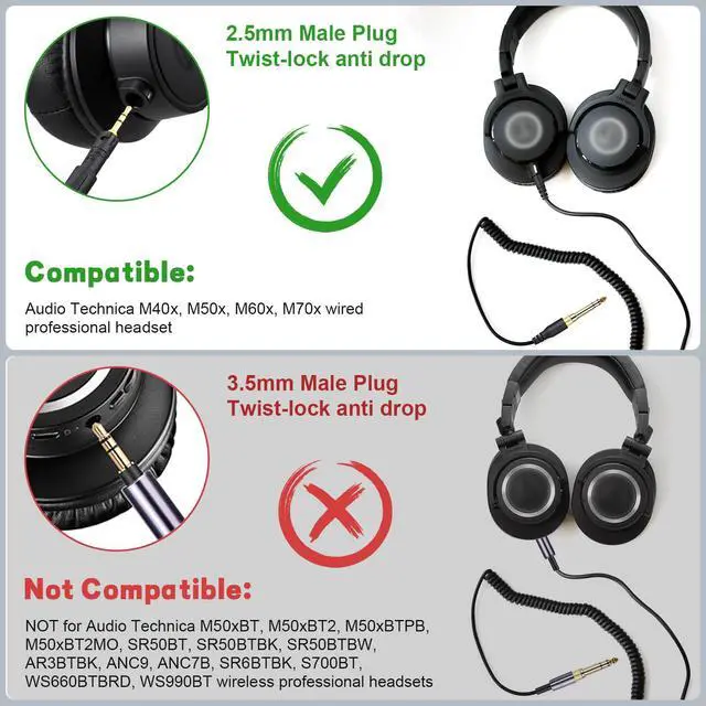 Alt view image 3 of 6 - ATH-M50x Replacement Cable, Audio Cable Compatible with Audio Technica ATH-M50xATH-M40xATH-M70xATH-M60x Coiled AUX Headphone Extension Cable with 6.35mm(1/4") Adapter(4ft extends to 10ft)