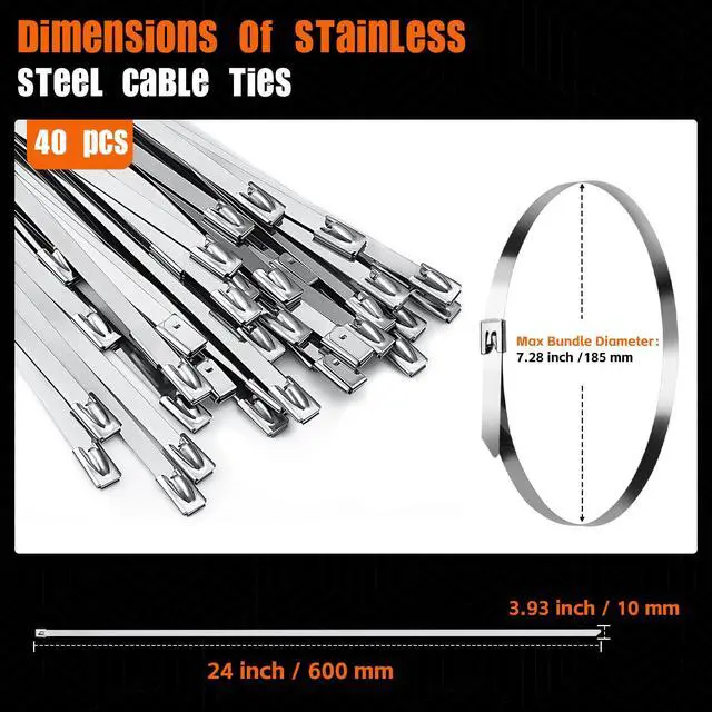 Alt view image 7 of 7 - 24 Inch Metal Cable Zip Ties, Stainless Steel Zip Ties Long,500 Lbs Heavy Duty Self-Locking Strap Ties, Steel Cable Tie, 40 PCS Strength for Exhaust Wrap, Garden Ties, UV Resistant Cable Ties