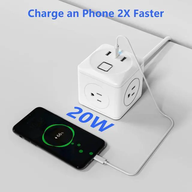 Alt view image 3 of 7 - Cube Power Strip with 2 USB & 1 USB-C, 3-Outlet Compact Travel Power Strip with 6 Ft Braided Cord & Individual Switches, 1250W Desk Power Cube for Home Office Hotel Cruise Essentials