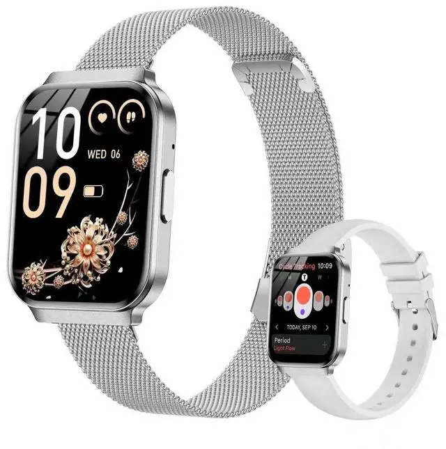 Main image of Welfit Women's Smart Watch, 1.75-inch Blood Pressure, Call/Message, Female Cycle Tracking, Heart Rate and Sleep Monitor, IP68 Waterproof for Android and iOS (Silver 2 Straps)