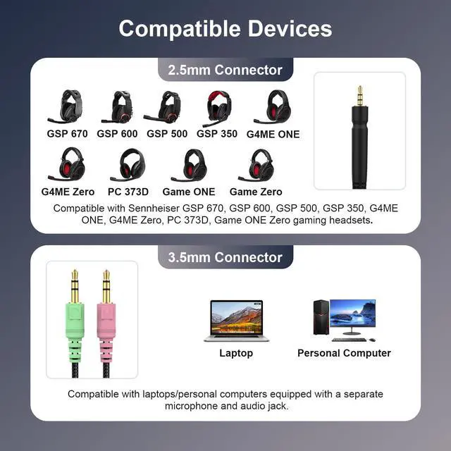 Alt view image 2 of 7 - Replacement GSP 600 Cable Audio Cord Compatible with Sennheiser GSP 670, GSP 600, GSP 500, GSP 350, G4ME ONE, G4ME Zero, PC 373D, Game ONE, Game Zero Gaming Headsets, 2m/6.6ft