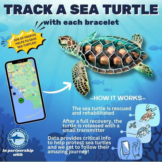 Alt view image 7 of 7 - Sea Turtle Tracking Bracelet Amethyst, helps save sea turtles, one size fits most Men and Women