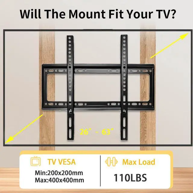 Alt view image 2 of 7 - Fixed TV Wall Mount for Most 26-63 inch Flat Panel/Curved TVs,Universal Low Profile Wall Mount TV Bracket for LED LCD OLED VESA 400X400mm up to 110Lbs (26-63 Inch)
