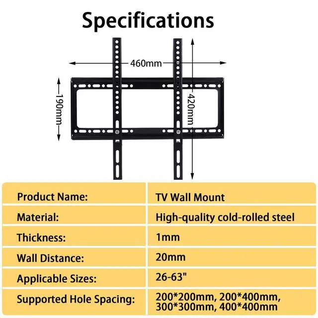 Alt view image 4 of 7 - Fixed TV Wall Mount for Most 26-63 inch Flat Panel/Curved TVs,Universal Low Profile Wall Mount TV Bracket for LED LCD OLED VESA 400X400mm up to 110Lbs (26-63 Inch)