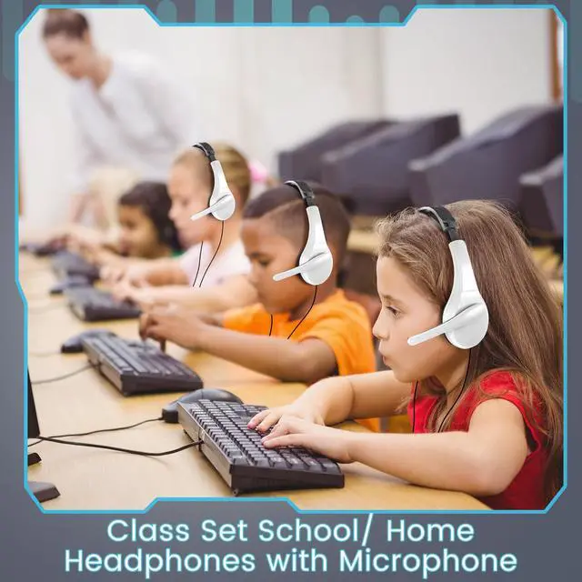 Alt view image 5 of 7 - 20 Pack Classroom Headphones with Microphone Bulk 3.5mm Adjustable Jack On Ear Bulk Headphones for Classroom Students Computer Laptop Office Home(White)