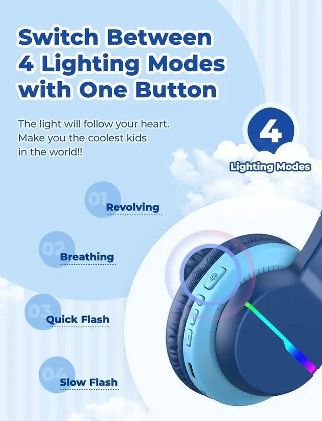 Alt view image 3 of 7 - BTH13 & BTH12 Kids Bluetooth Headphones Bundles, Colorful LED Lights Up, 74/85/94dB Volume Limited, Bluetooth 5.2, AUX Cable, Over Ear Kids Headphones Wireless for iPad/Tablet/Travel