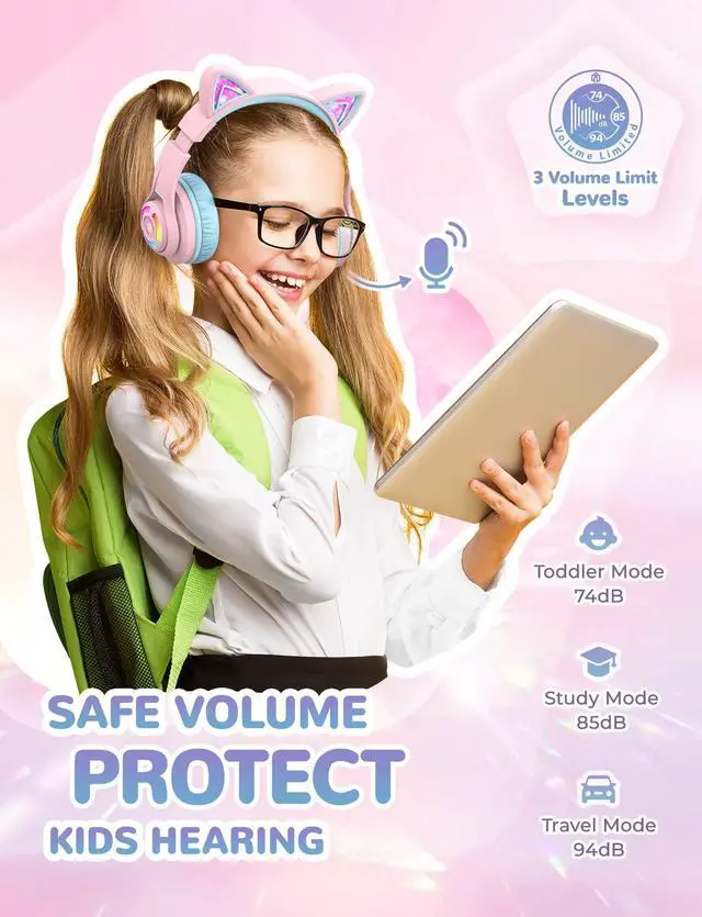 Alt view image 4 of 7 - BTH13 & BTH12 Kids Bluetooth Headphones Bundles, Colorful LED Lights Up, 74/85/94dB Volume Limited, Bluetooth 5.2, AUX Cable, Over Ear Kids Headphones Wireless for iPad/Tablet/Travel