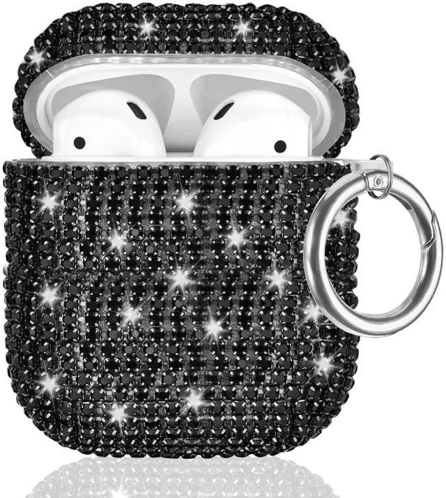 Main image of Glitter Case Compatible with AirPods 2nd / 1st Generation, Sparkling Diamond Case for AirPods 2 Case Bling Rhinestones Case Cover for Women, Shockproof Protective Cute Cover with Keychain (Black)