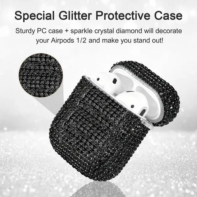 Alt view image 2 of 7 - Glitter Case Compatible with AirPods 2nd / 1st Generation, Sparkling Diamond Case for AirPods 2 Case Bling Rhinestones Case Cover for Women, Shockproof Protective Cute Cover with Keychain (Black)