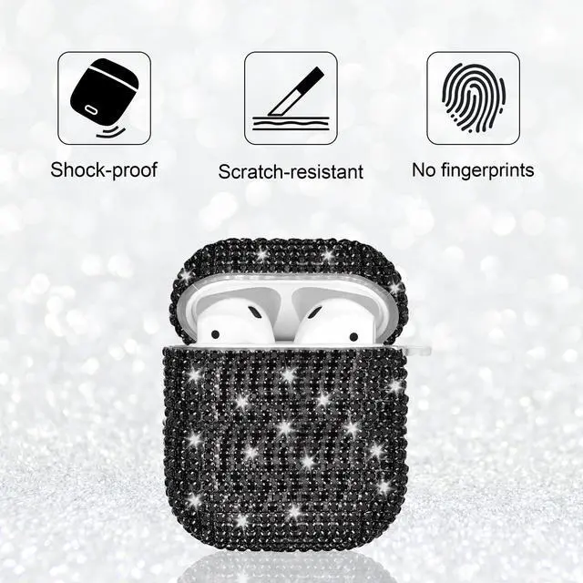 Alt view image 3 of 7 - Glitter Case Compatible with AirPods 2nd / 1st Generation, Sparkling Diamond Case for AirPods 2 Case Bling Rhinestones Case Cover for Women, Shockproof Protective Cute Cover with Keychain (Black)