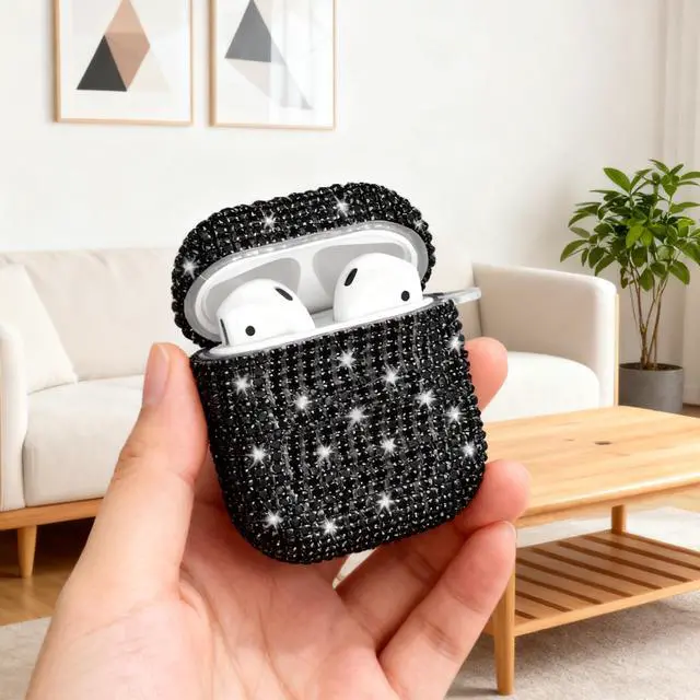 Alt view image 5 of 7 - Glitter Case Compatible with AirPods 2nd / 1st Generation, Sparkling Diamond Case for AirPods 2 Case Bling Rhinestones Case Cover for Women, Shockproof Protective Cute Cover with Keychain (Black)