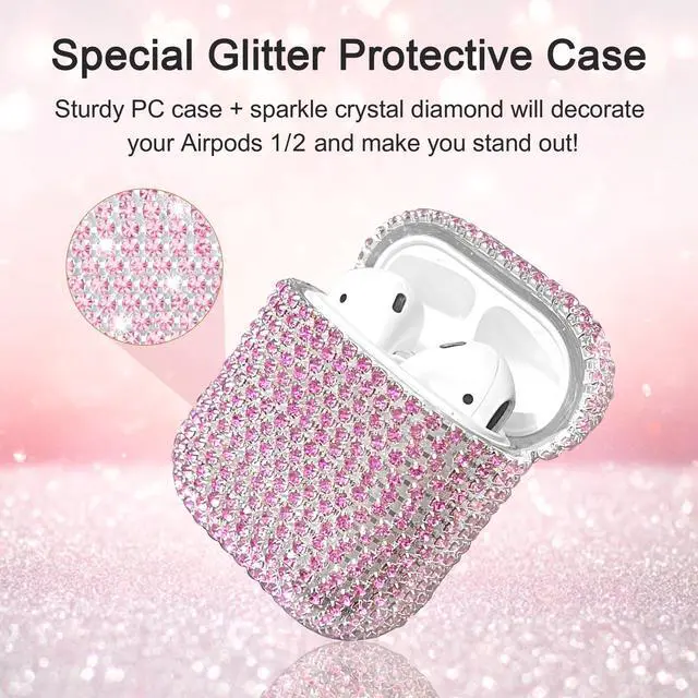 Alt view image 3 of 7 - Glitter Case Compatible with AirPods 2nd / 1st Generation, Sparkling Diamond Case for AirPods 2 Case Bling Rhinestones Case Cover for Women, Shockproof Protective Cute Cover with Keychain (Pink)