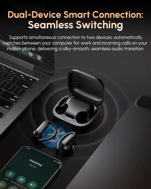 Alt view image 7 of 7 - MS219 Wireless Earbuds, Bluetooth 6.0 Earbuds with Ear Hooks, 48H Playtime with 10-Min Fast Charge, LED Power Display, IPX5 Waterproof Bluetooth Headphones for Running, Workout and Gym