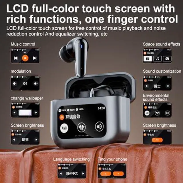 Alt view image 3 of 7 - Sports Wireless Headphones LCD Full-Color Touch Screen Bluetooth 5.4 Earbuds Charging Case Headset Earphones with HD Mic for Workout Driving Walking Running (Black)