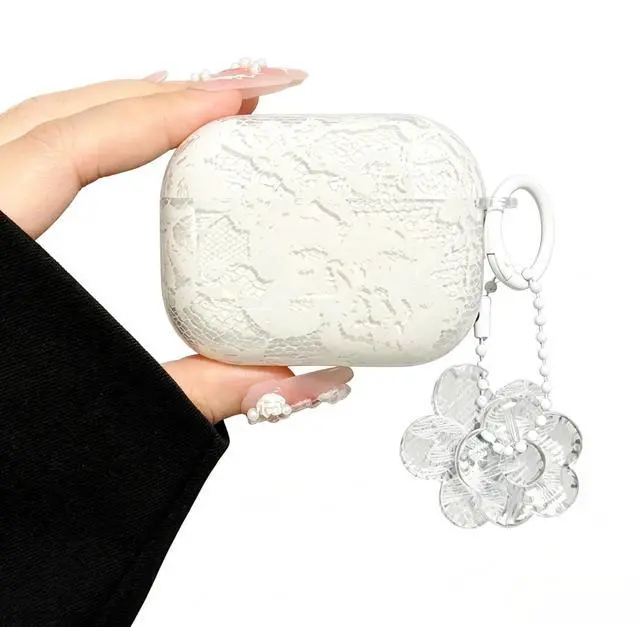 Main image of Black Floral Lace Print Case for AirPods pro 3, Girly Flower Pattern Aesthetics Design with Trendy Floral Keychain, Soft TPU Protective Cover for Girls Women (White, for airpods pro 3)