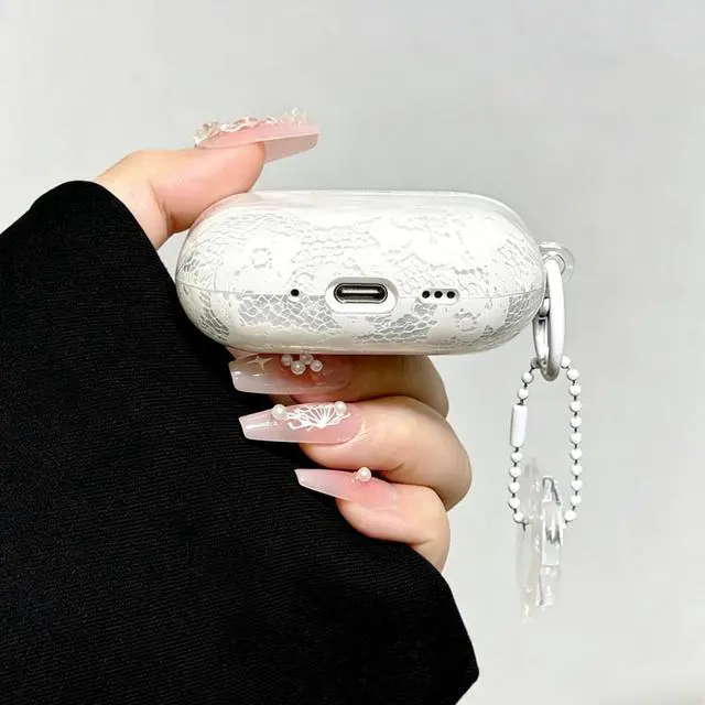 Alt view image 3 of 6 - Black Floral Lace Print Case for AirPods pro 3, Girly Flower Pattern Aesthetics Design with Trendy Floral Keychain, Soft TPU Protective Cover for Girls Women (White, for airpods pro 3)