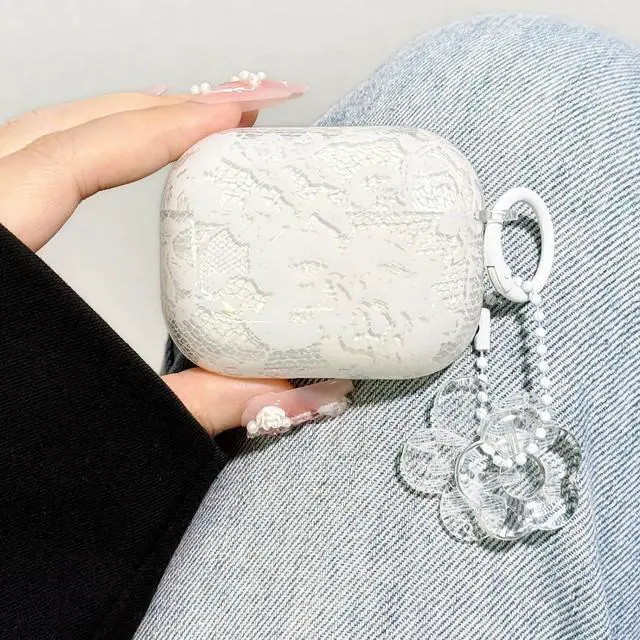 Alt view image 2 of 6 - Black Floral Lace Print Case for AirPods pro 3, Girly Flower Pattern Aesthetics Design with Trendy Floral Keychain, Soft TPU Protective Cover for Girls Women (White, for airpods pro 3)