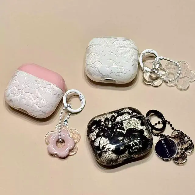 Alt view image 6 of 6 - Black Floral Lace Print Case for AirPods pro 3, Girly Flower Pattern Aesthetics Design with Trendy Floral Keychain, Soft TPU Protective Cover for Girls Women (White, for airpods pro 3)