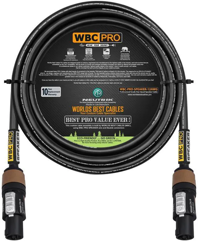 Main image of 10 Foot - WBC-PRO-SPEAKER-12 AWG (2 Core Config.) High-Purity OFC (99.99%) Pro-Grade High-Definition Loudspeaker/DJ/PA Speaker Cable with Neutrik NL2FXX-W-S 2-Pole Silver SpeakON Connectors