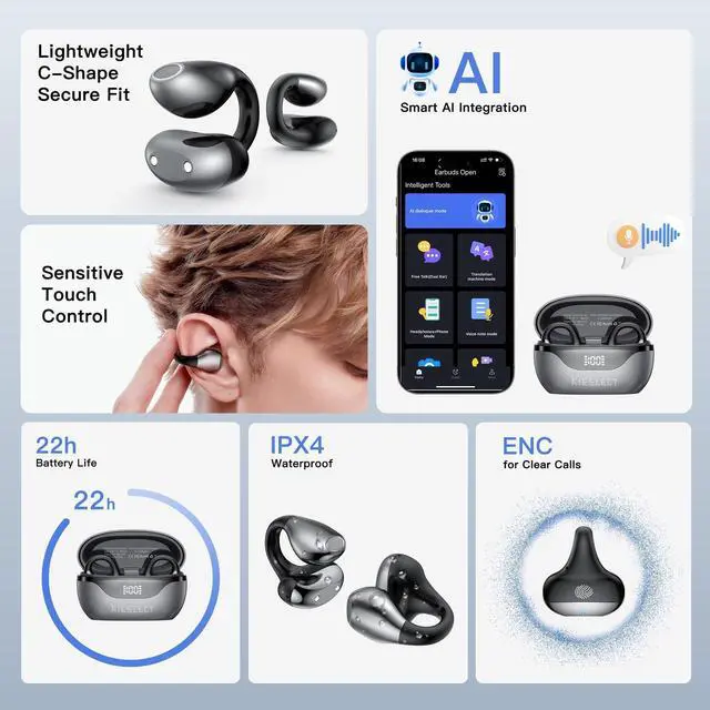 Alt view image 4 of 7 - Clip on Open Ear Wireless Bluetooth Headphones with AI 165 Language Translator, Real Time Translation Earbuds with Wireless Charging Case, Black, Active Noise Cancelling