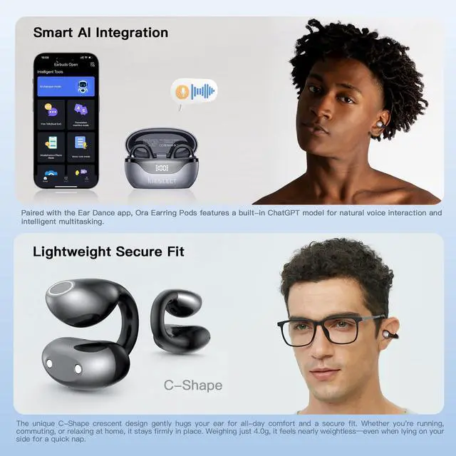 Alt view image 5 of 7 - Clip on Open Ear Wireless Bluetooth Headphones with AI 165 Language Translator, Real Time Translation Earbuds with Wireless Charging Case, Black, Active Noise Cancelling