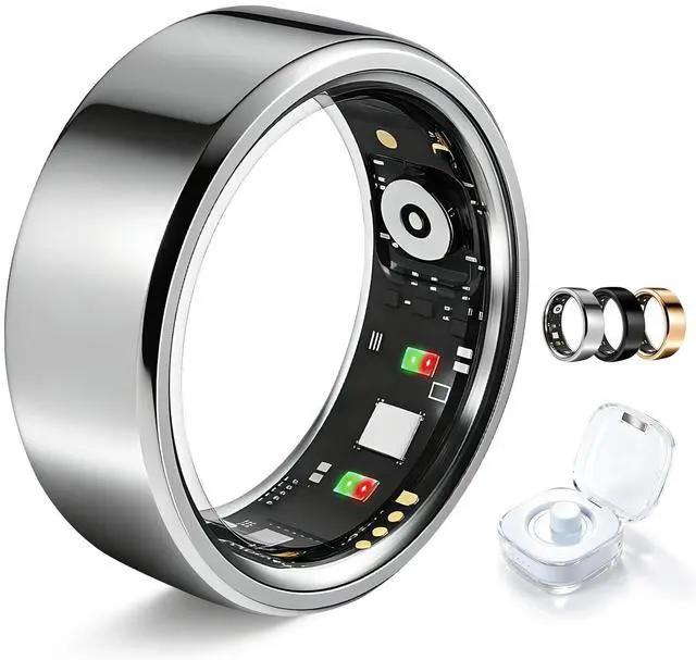 Main image of Smart Ring for Women Men Fitness Tracker Heart Rate Sleep Trends 128 Sports Modes Gesture Control Cycle Tracking IP68 Waterproof No Subscription Compatible with iPhone Android (Silver, Size 9)