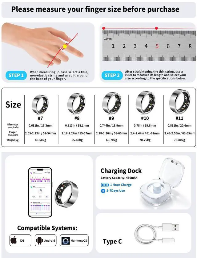 Alt view image 2 of 6 - Smart Ring for Women Men Fitness Tracker Heart Rate Sleep Trends 128 Sports Modes Gesture Control Cycle Tracking IP68 Waterproof No Subscription Compatible with iPhone Android (Silver, Size 8)