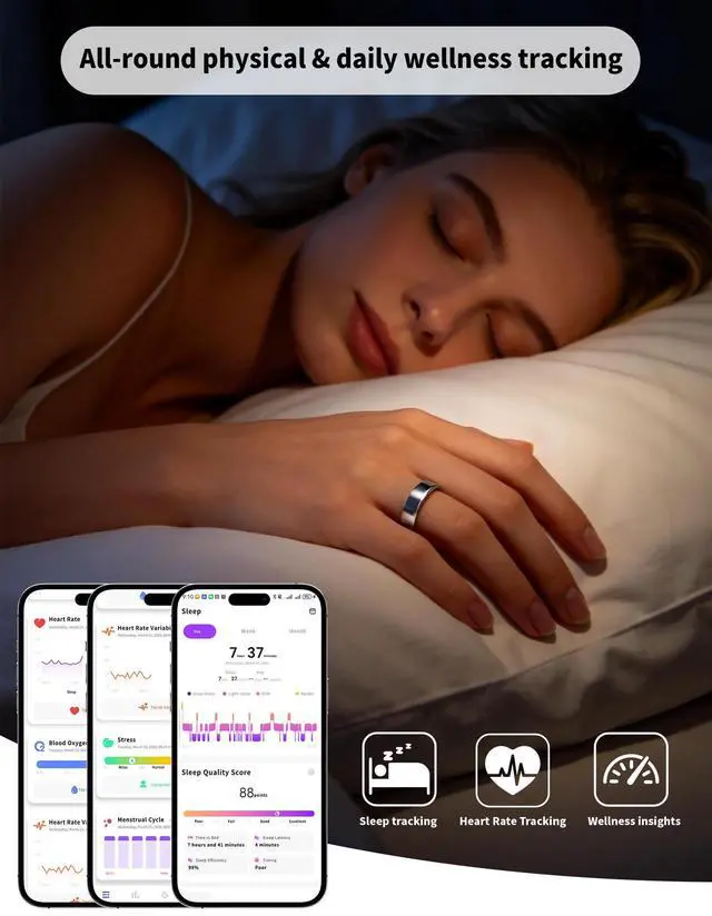 Alt view image 3 of 6 - Smart Ring for Women Men Fitness Tracker Heart Rate Sleep Trends 128 Sports Modes Gesture Control Cycle Tracking IP68 Waterproof No Subscription Compatible with iPhone Android (Silver, Size 8)