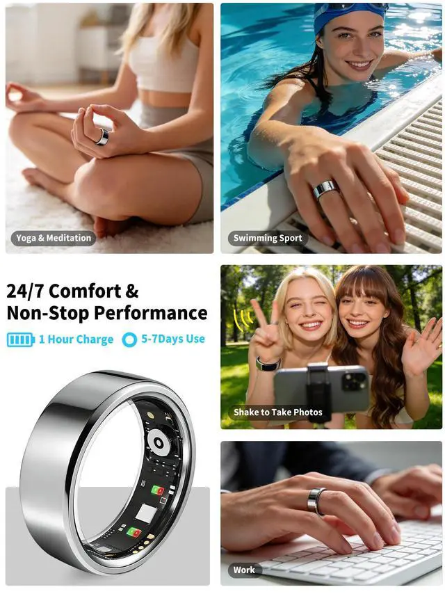 Alt view image 6 of 6 - Smart Ring for Women Men Fitness Tracker Heart Rate Sleep Trends 128 Sports Modes Gesture Control Cycle Tracking IP68 Waterproof No Subscription Compatible with iPhone Android (Silver, Size 8)
