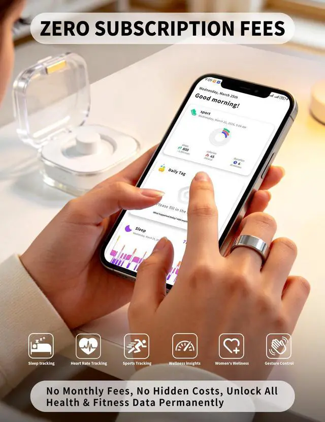 Alt view image 4 of 6 - Smart Ring for Women Men Fitness Tracker Heart Rate Sleep Trends 128 Sports Modes Gesture Control Cycle Tracking IP68 Waterproof No Subscription Compatible with iPhone Android (Silver, Size 8)