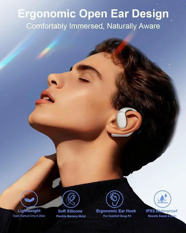 Alt view image 2 of 7 - Open Ear Headphones,ENC Wireless Earbuds with 2 Mics,AI Clear Calls,Comfort Ear Hooks Stereo Sound Sport Bluetooth Earbuds for Gym,Touch Control,Compatible with iPhone and Android Beige