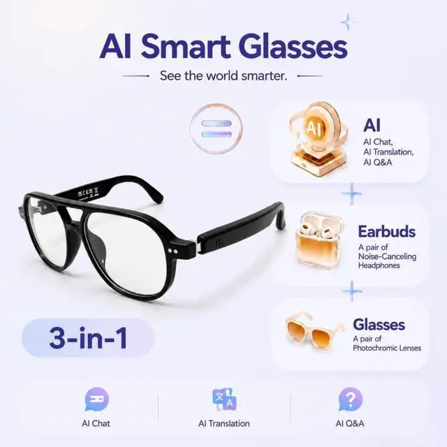 Alt view image 2 of 7 - AI Smart Glasses for Men Women Real-Time Translation Open-Ear Audio | 160+ Languages Photochromic Lenses AI Assistant Touch Control Bluetooth Glasses with Hands-Free Calls Travel Trade Business