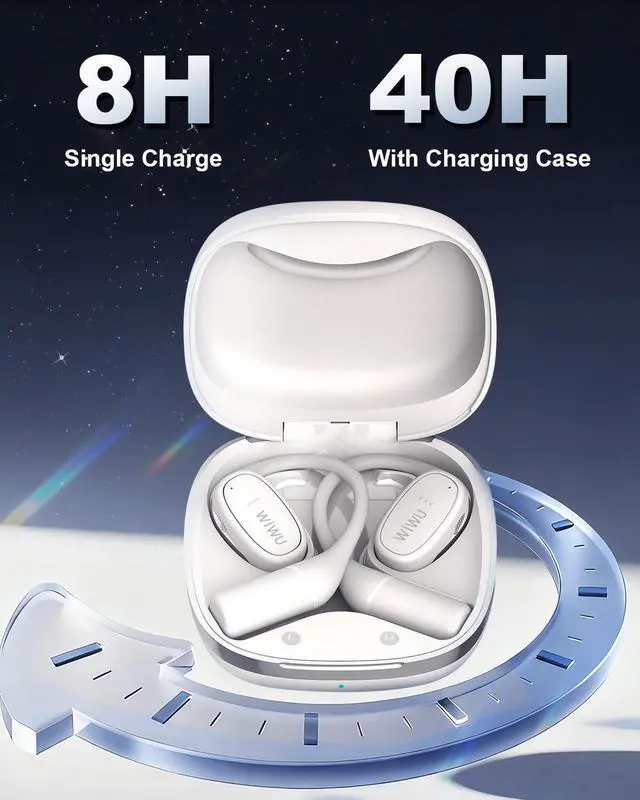 Alt view image 6 of 7 - Open Ear Headphones,ENC Wireless Earbuds with 2 Mics,AI Clear Calls,Comfort Ear Hooks Stereo Sound Sport Bluetooth Earbuds for Gym,Touch Control,Compatible with iPhone and Android Beige