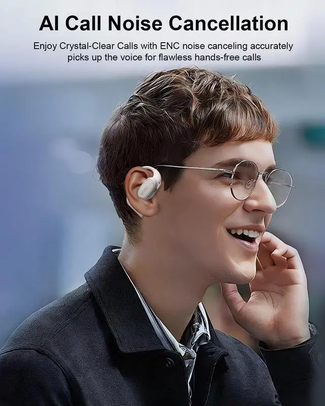Alt view image 3 of 7 - Open Ear Headphones,ENC Wireless Earbuds with 2 Mics,AI Clear Calls,Comfort Ear Hooks Stereo Sound Sport Bluetooth Earbuds for Gym,Touch Control,Compatible with iPhone and Android Beige