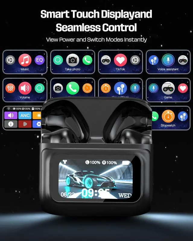 Alt view image 2 of 7 - 128 - True Wireless Earbuds with Touchscreen, Bluetooth 6.0, HiFi Stereo, 50H Playtime, ANC Noise Canceling Headset, IPX5 Waterproof Earphones for Sports/Work