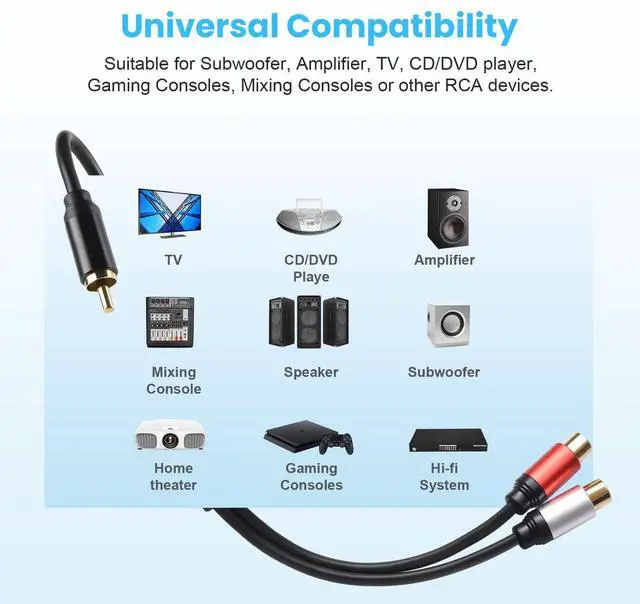 Alt view image 3 of 7 - RCA Y Splitter, 1 Male to 2 Female Audio Y Cables (2 Pack), 24K Gold-Plated, Subwoofer Cable for Subs,Amplifiers, TV, Home Theater, Hi-Fi Systems (12, Inches)