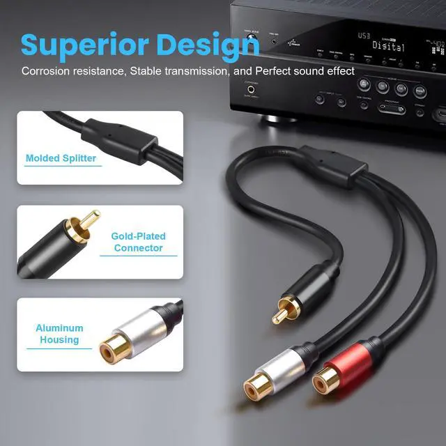 Alt view image 4 of 7 - RCA Y Splitter, 1 Male to 2 Female Audio Y Cables (2 Pack), 24K Gold-Plated, Subwoofer Cable for Subs,Amplifiers, TV, Home Theater, Hi-Fi Systems (12, Inches)