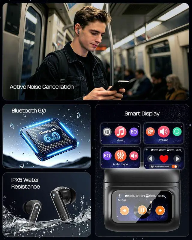 Alt view image 7 of 7 - 128 - True Wireless Earbuds with Touchscreen, Bluetooth 6.0, HiFi Stereo, 50H Playtime, ANC Noise Canceling Headset, IPX5 Waterproof Earphones for Sports/Work