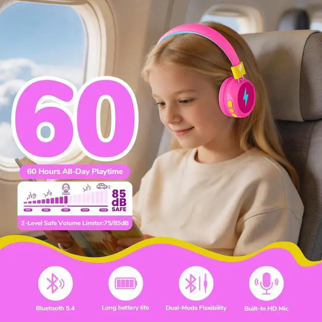 Alt view image 2 of 6 - Kids Bluetooth Headphones, 74/85dB Volume Limited, 60H Playtime, Built-in Mic, Bluetooth 5.4, Fast Charging, Foldable Toddler Wireless Over-Ear with AUX Cord, for iPad/Tablet/Airplane