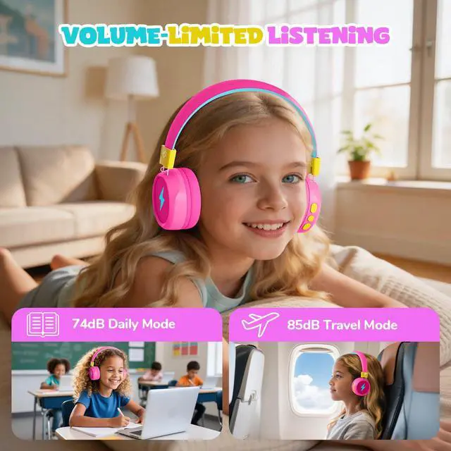 Alt view image 5 of 6 - Kids Bluetooth Headphones, 74/85dB Volume Limited, 60H Playtime, Built-in Mic, Bluetooth 5.4, Fast Charging, Foldable Toddler Wireless Over-Ear with AUX Cord, for iPad/Tablet/Airplane