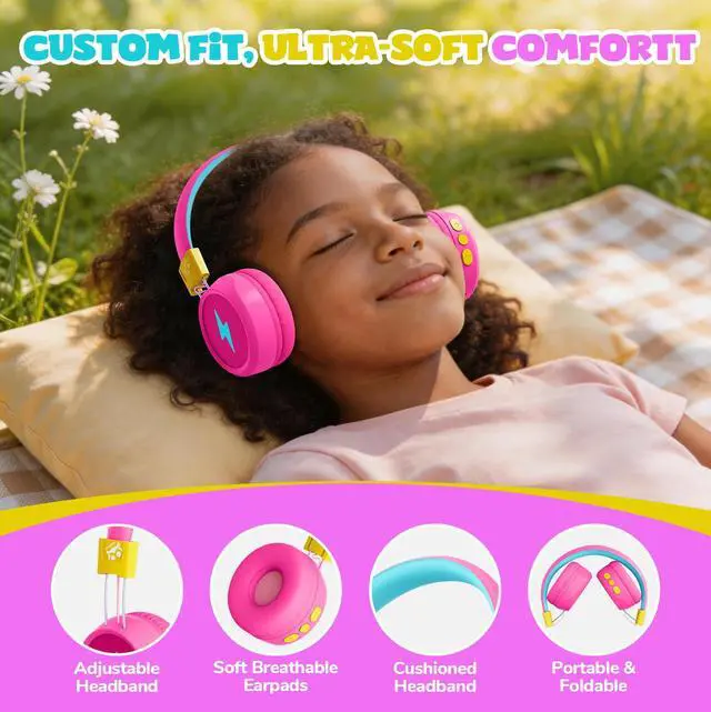 Alt view image 4 of 6 - Kids Bluetooth Headphones, 74/85dB Volume Limited, 60H Playtime, Built-in Mic, Bluetooth 5.4, Fast Charging, Foldable Toddler Wireless Over-Ear with AUX Cord, for iPad/Tablet/Airplane